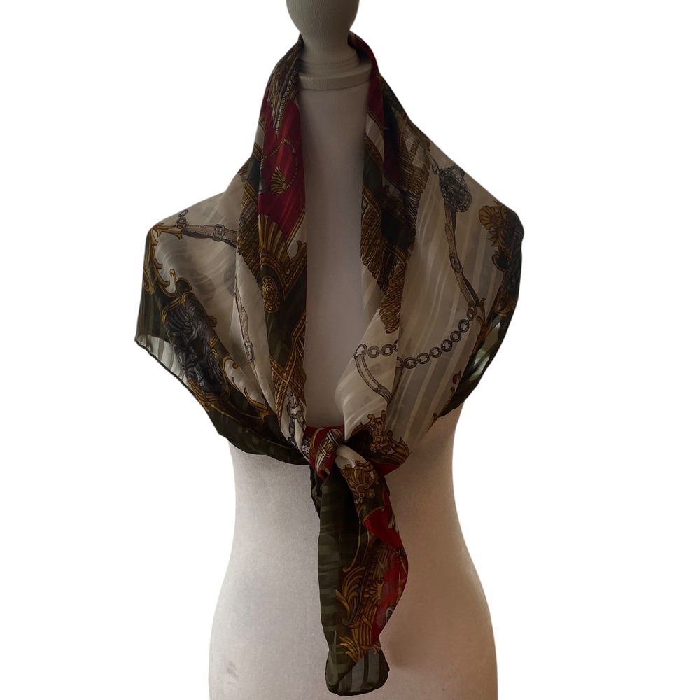 Equestrian Poste et Cavalerie Silk Poly Scarf Olive Green Red Gold‎ 34